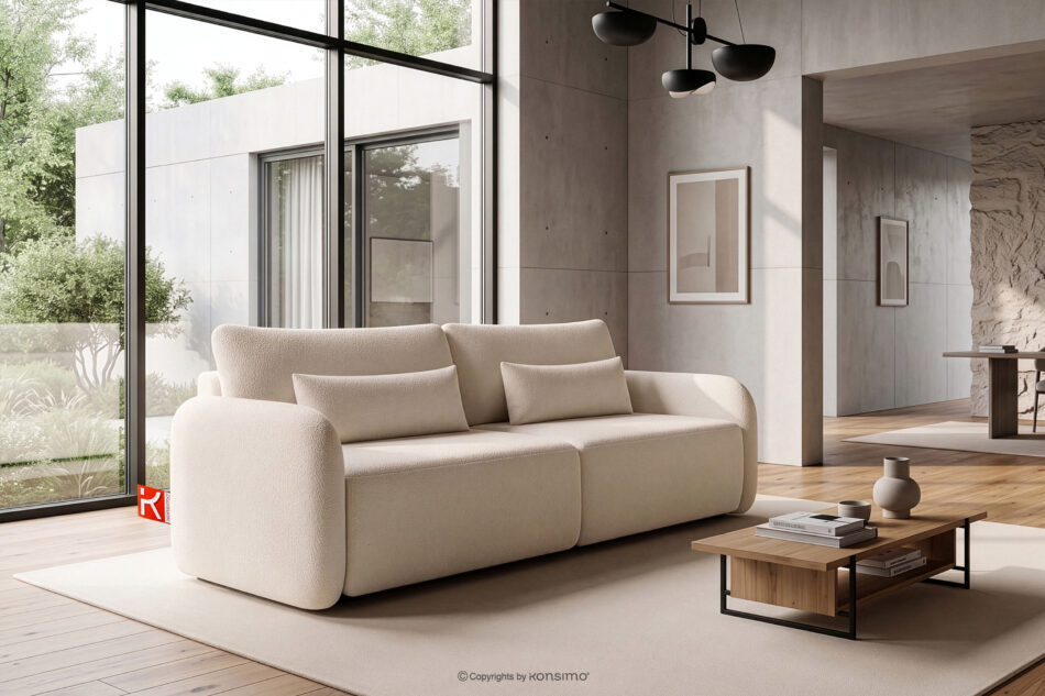 CALICO Sofa rozkładana trzyosobowa zaokrąglona w tkaninie shaggy kremowy kremowy - zdjęcie 1