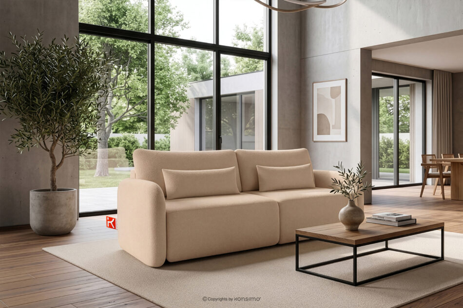 CALICO Sofa rozkładana trzyosobowa zaokrąglona w tkaninie shaggy ciepły beżowy ciepły beżowy - zdjęcie 1