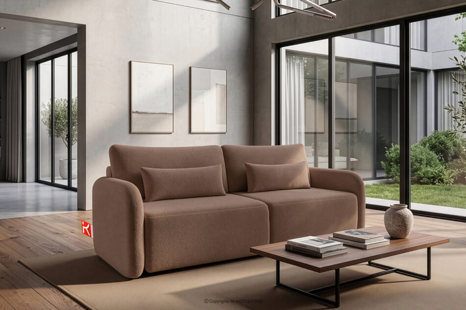 CALICO Sofa rozkładana trzyosobowa zaokrąglona w tkaninie shaggy brązowy brązowy - zdjęcie 1