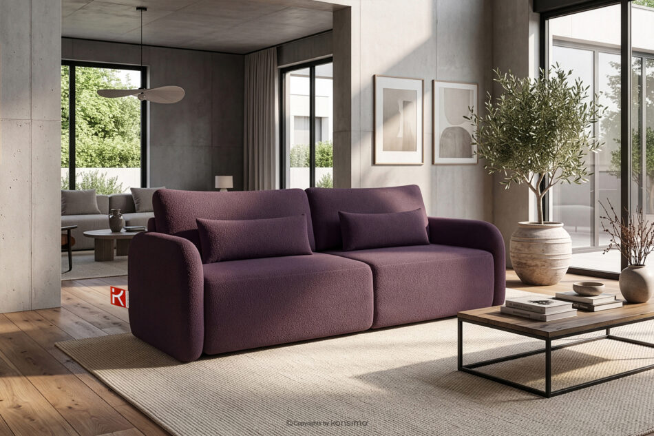 CALICO Sofa rozkładana trzyosobowa zaokrąglona w tkaninie shaggy ciemny śliwkowy ciemny śliwkowy - zdjęcie 1