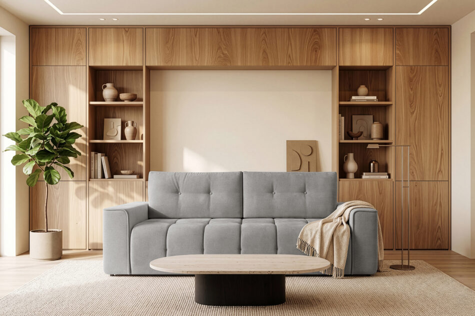 RUSA Pikowana sofa trzyosobowa rozkładana w tkaninie plecionej szary szary - zdjęcie 19