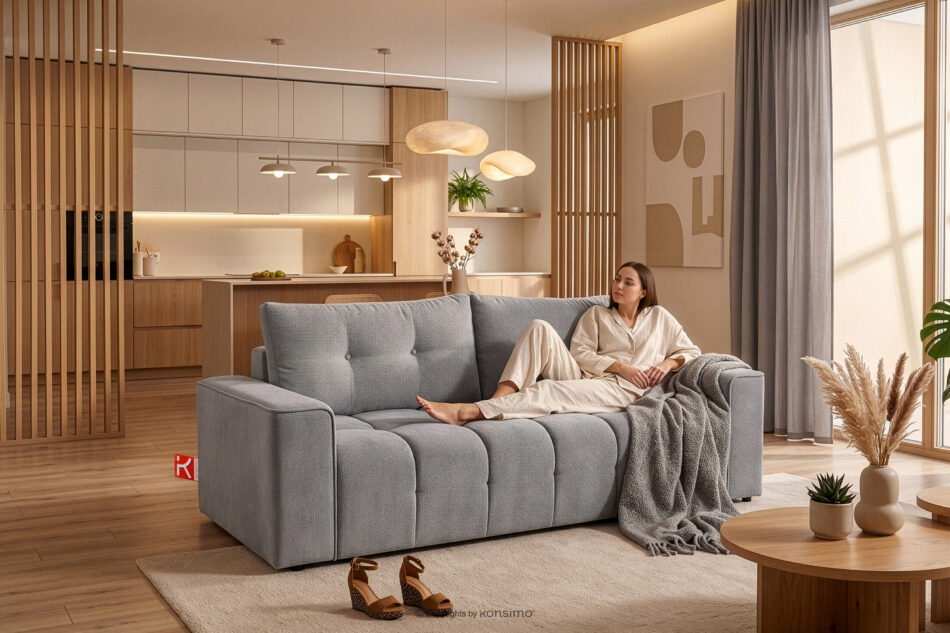 RUSA Pikowana sofa trzyosobowa rozkładana w tkaninie plecionej szary szary - zdjęcie 20