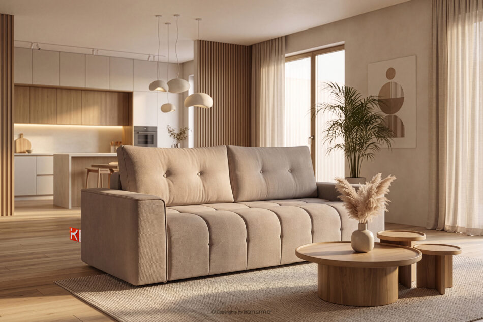 RUSA Pikowana sofa trzyosobowa rozkładana w tkaninie plecionej jasny beżowy jasny beżowy - zdjęcie 18
