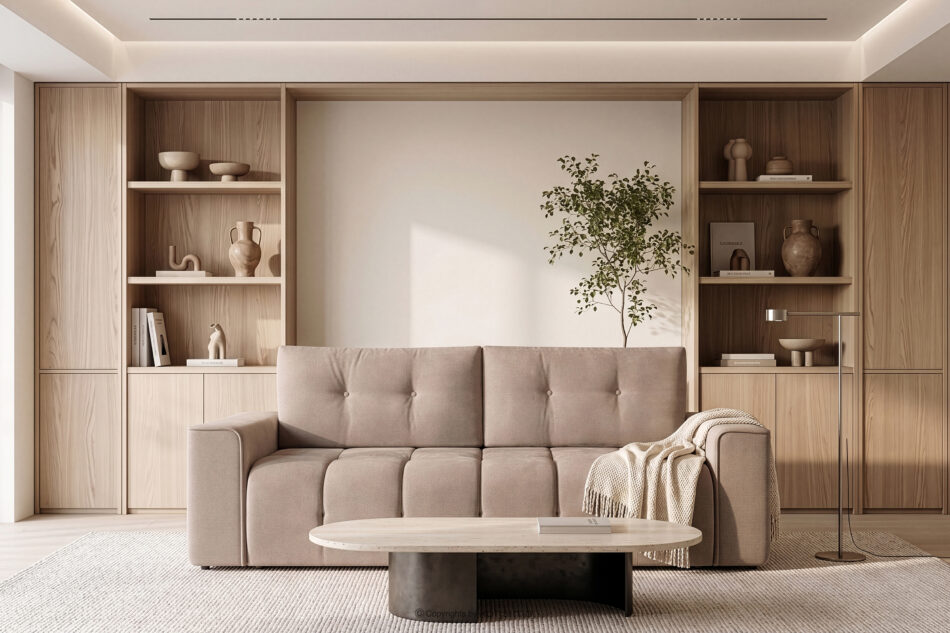 RUSA Pikowana sofa trzyosobowa rozkładana w tkaninie plecionej jasny beżowy jasny beżowy - zdjęcie 19