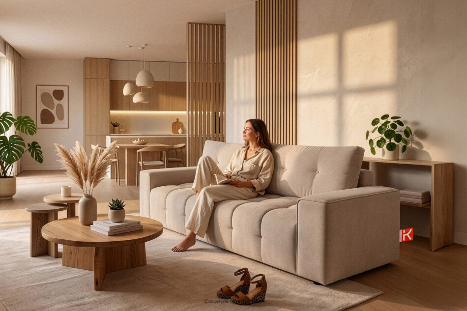 RUSA Pikowana sofa trzyosobowa rozkładana w tkaninie plecionej jasny beżowy jasny beżowy - zdjęcie 20