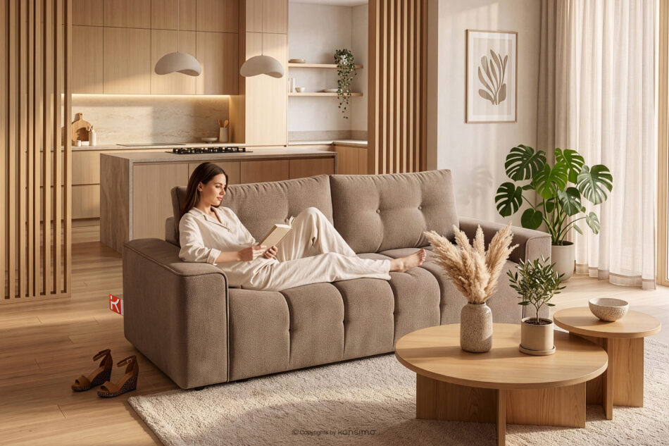 RUSA Pikowana sofa trzyosobowa rozkładana w tkaninie plecionej ciemny beżowy ciemny beżowy - zdjęcie 20