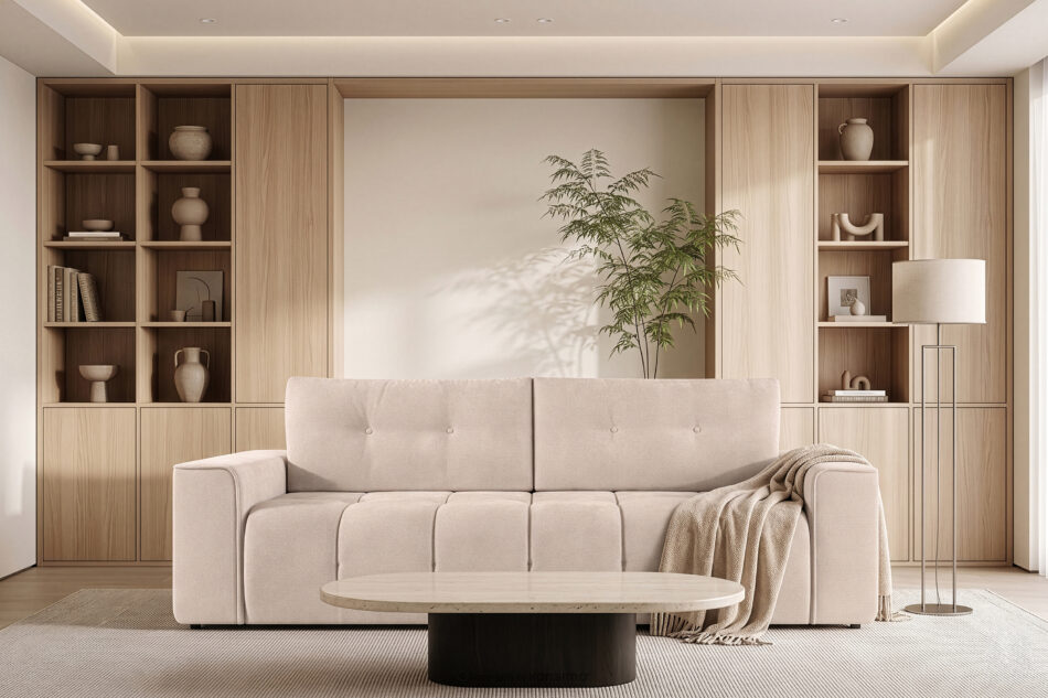 RUSA Pikowana sofa trzyosobowa rozkładana w tkaninie plecionej ecru ecru - zdjęcie 19