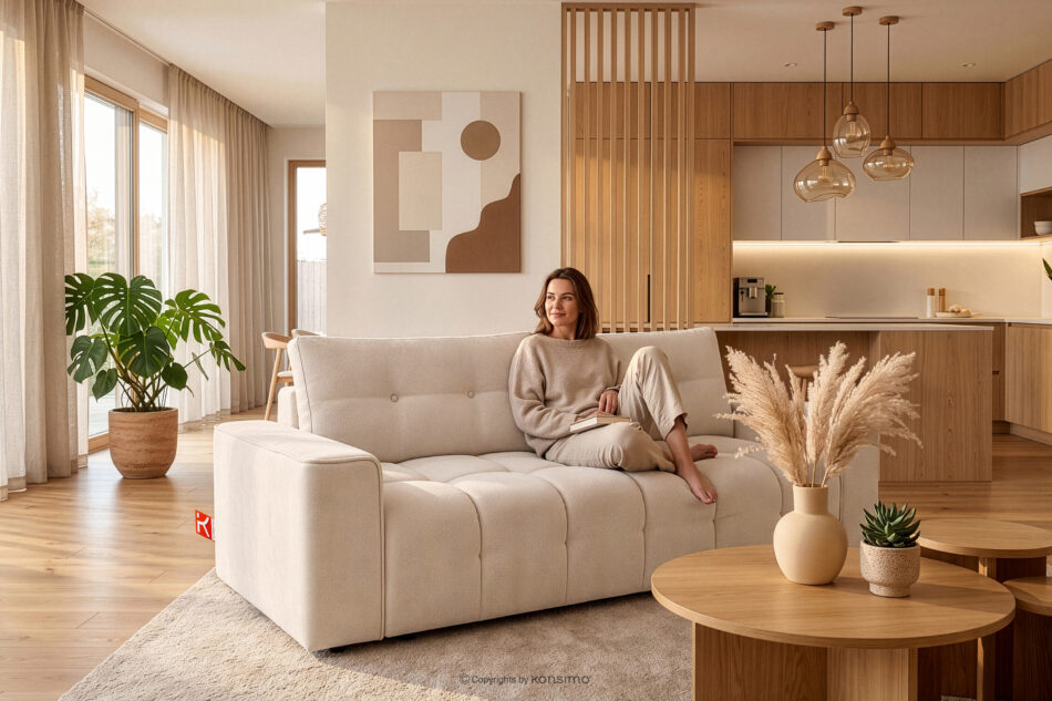 RUSA Pikowana sofa trzyosobowa rozkładana w tkaninie plecionej ecru ecru - zdjęcie 20