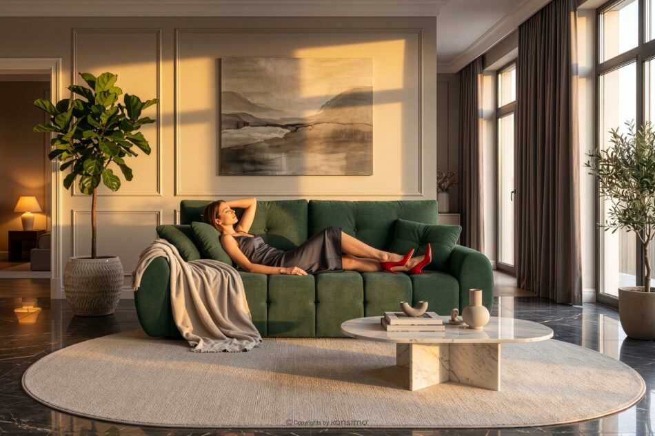 HELLA Pikowana sofa trzyosobowa z funkcją spania w tkaninie plecionej zielony zielony - zdjęcie 17