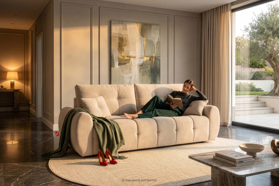 HELLA Pikowana sofa trzyosobowa z funkcją spania w tkaninie plecionej ciemny kremowy ciemny kremowy - zdjęcie 17