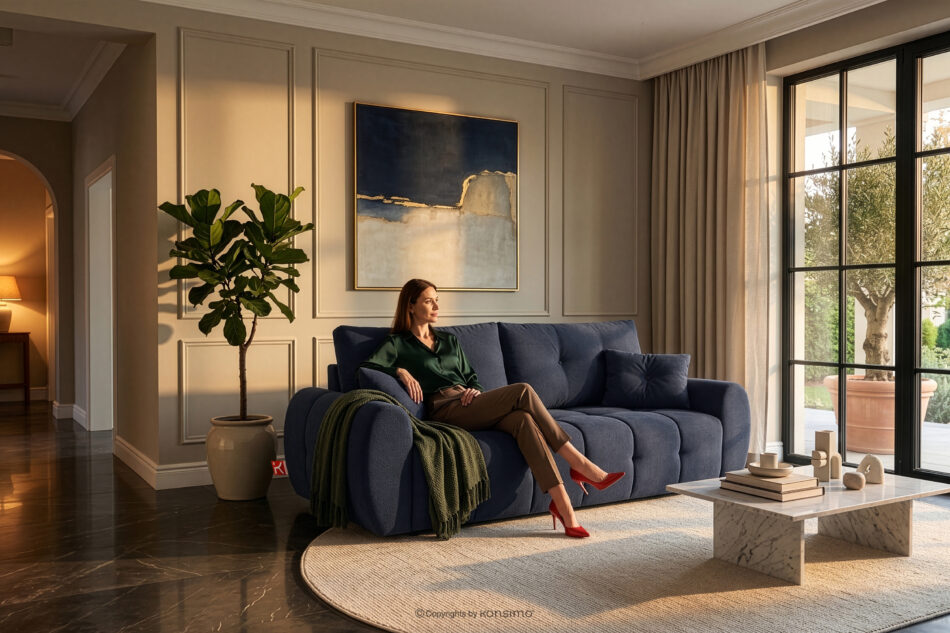 HELLA Pikowana sofa trzyosobowa z funkcją spania w tkaninie plecionej ciemny granatowy ciemny granatowy - zdjęcie 17