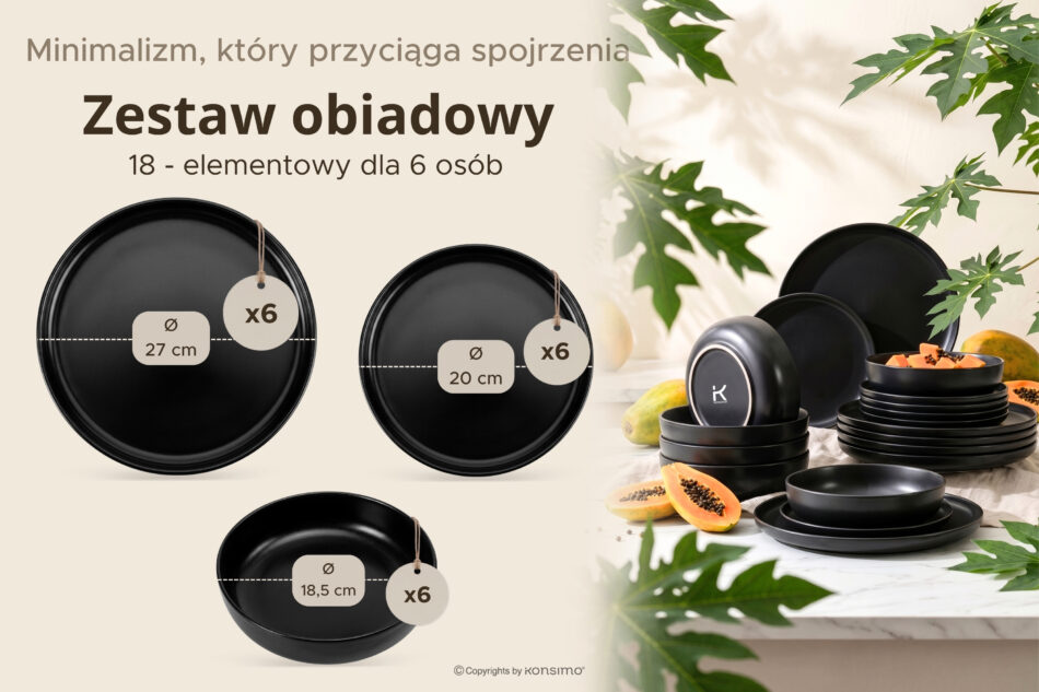 VICTO Nowoczesny serwis obiadowy 6 os. Czarny mat czarny/matowy - zdjęcie 8