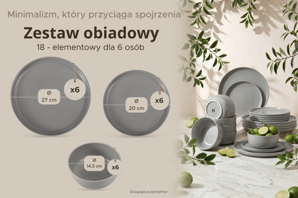 VICTO Zestaw obiadowy 6os. (18 el.) szary szary - zdjęcie 8