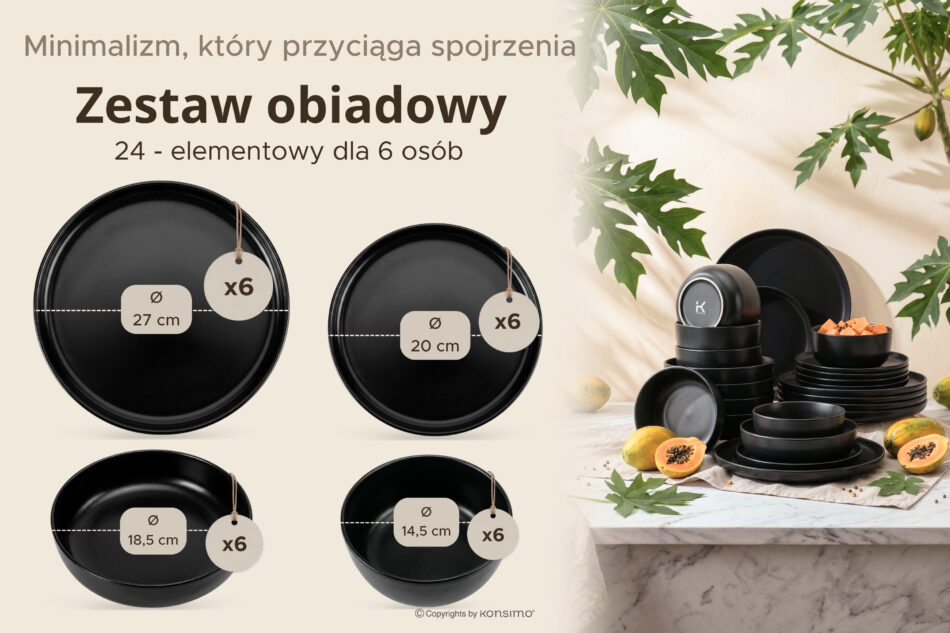 VICTO Nowoczesny serwis obiadowy 6 os. 24 elementy Czarny mat czarny/matowy - zdjęcie 10
