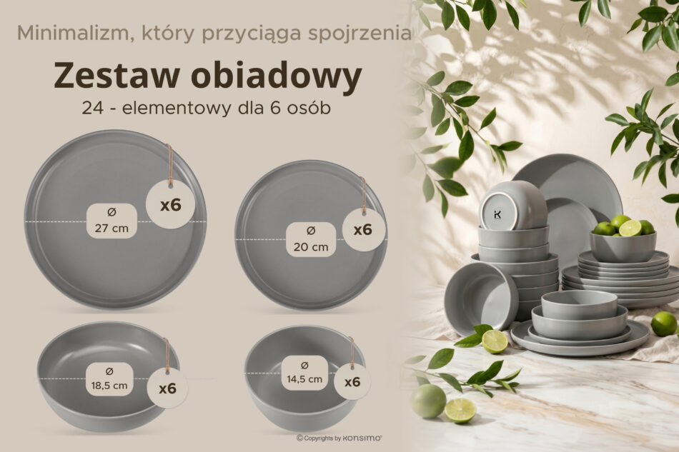 VICTO Nowoczesny serwis obiadowy 6 os. 24 elementy szary szary - zdjęcie 10