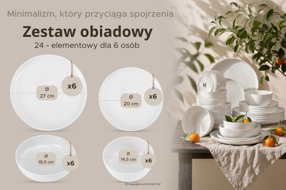 VICTO Nowoczesny serwis obiadowy 6 os. 24 elementy biały biały - zdjęcie 10