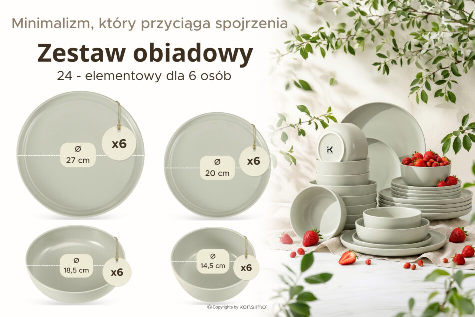 VICTO Nowoczesny serwis obiadowy 6 os. 24 elementy beżowy/zielony/szary matowy beżowy/zielony/szary matowy - zdjęcie 10