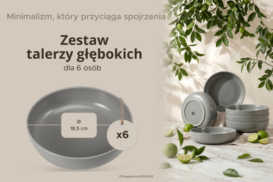VICTO Zestaw talerzy głębokich na 6 osób szary szary/matowy - zdjęcie 6