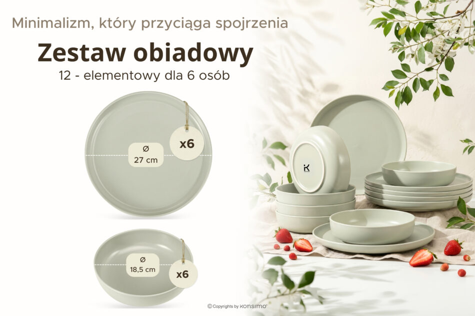 VICTO Zestaw obiadowy beżowy/zielony/szary matowy 6os. (12 el.) beżowy/zielony/szary matowy - zdjęcie 6