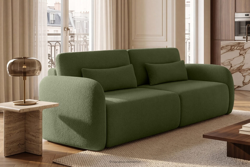 CALICO Sofa rozkładana trzyosobowa zaokrąglona w tkaninie shaggy oliwkowy oliwkowy - zdjęcie 15