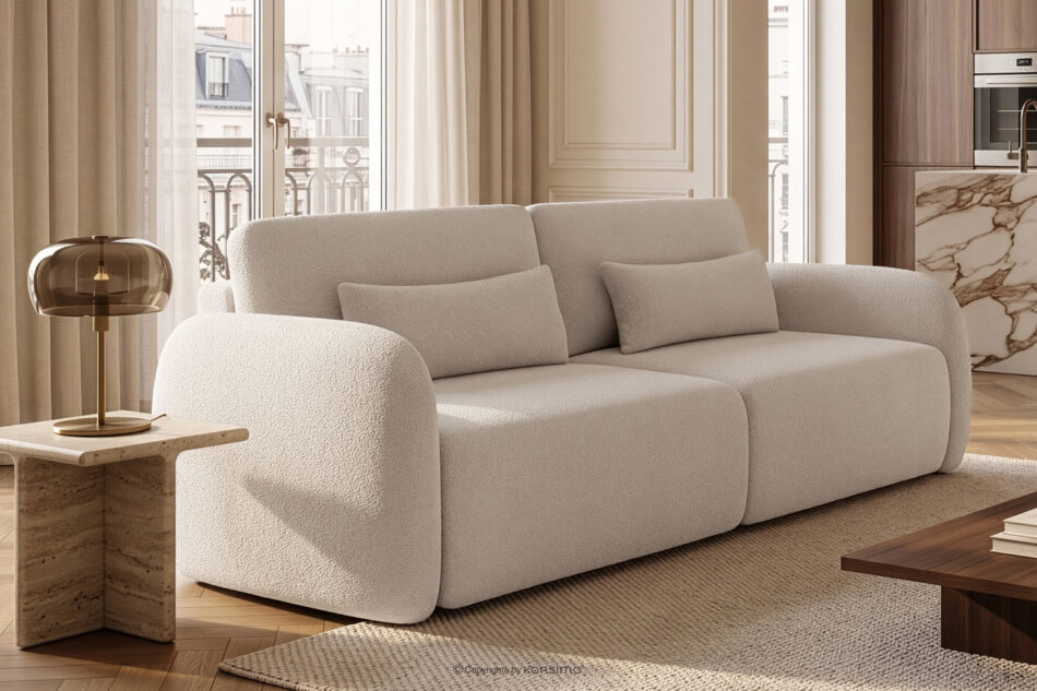 CALICO Sofa rozkładana trzyosobowa zaokrąglona w tkaninie shaggy kremowy kremowy - zdjęcie 15