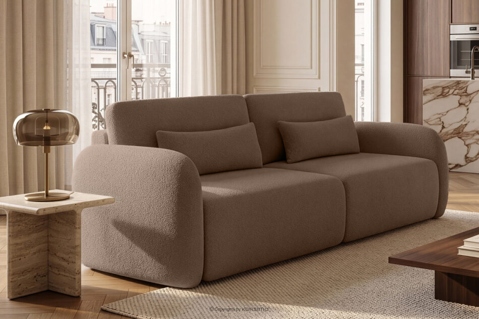 CALICO Sofa rozkładana trzyosobowa zaokrąglona w tkaninie shaggy brązowy brązowy - zdjęcie 15
