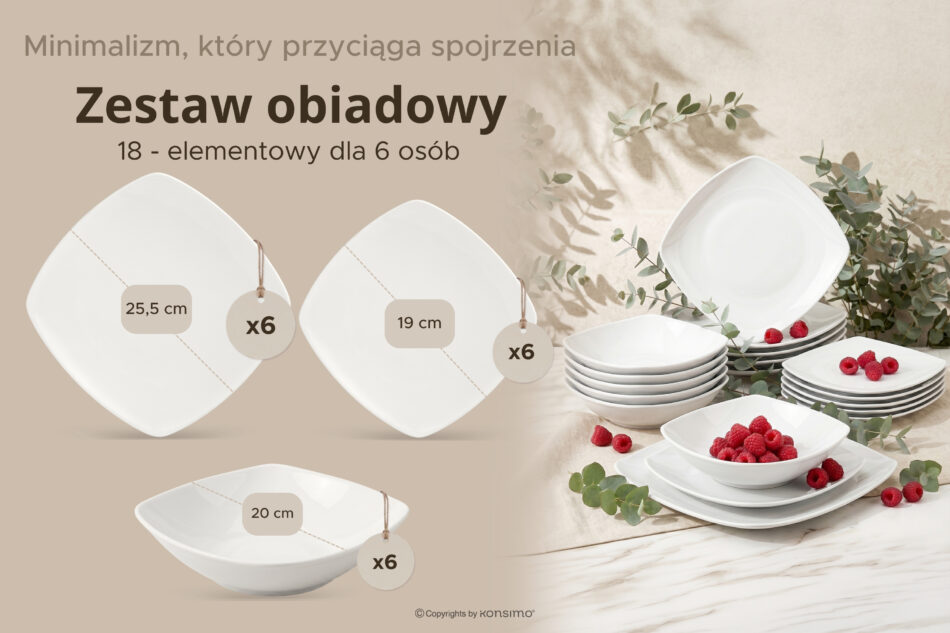 CARLINA Serwis obiadowy kwadratowy 6 os. 18 elementów biały biały - zdjęcie 8