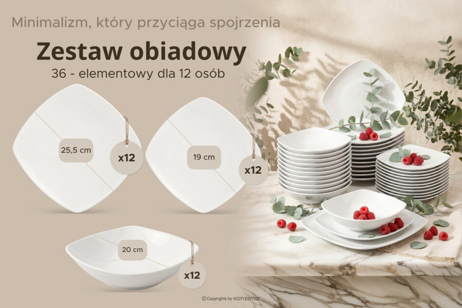 CARLINA Serwis obiadowy kwadratowy 12 os. 36 elementów biały biały - zdjęcie 8
