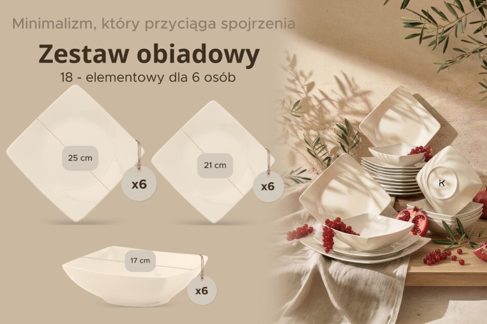 EPIRI Zestaw obiadowy kwadratowy beżowy połysk 6 os. (18el) beżowy połysk - zdjęcie 8