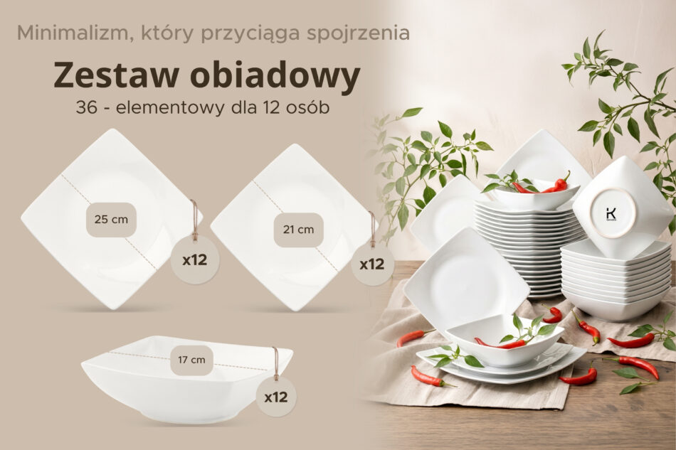 EPIRI Serwis obiadowy kwadratowy 36 elementów elementów biały dla 12 osób biały - zdjęcie 8
