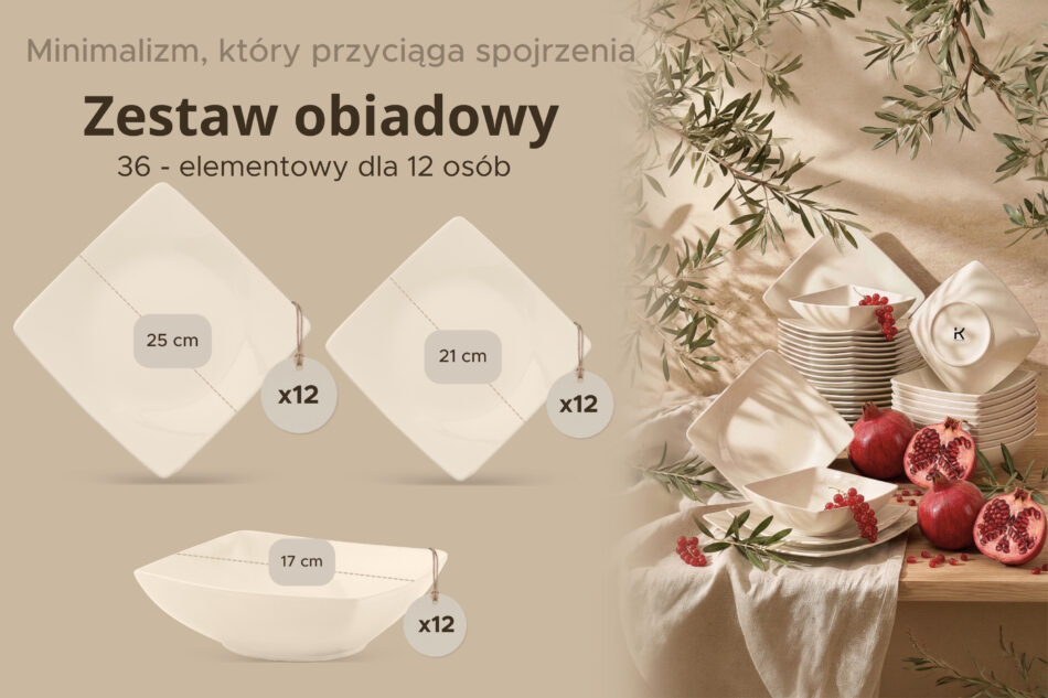 EPIRI Zestaw obiadowy kwadratowy beżowy połysk 12 os. (36el) beżowy połysk - zdjęcie 8