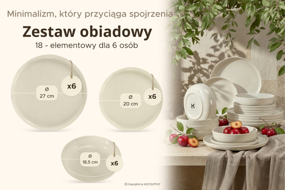 VICTO Zestaw obiadowy beżowy połysk 6os. (18 el.) beżowy połysk - zdjęcie 8