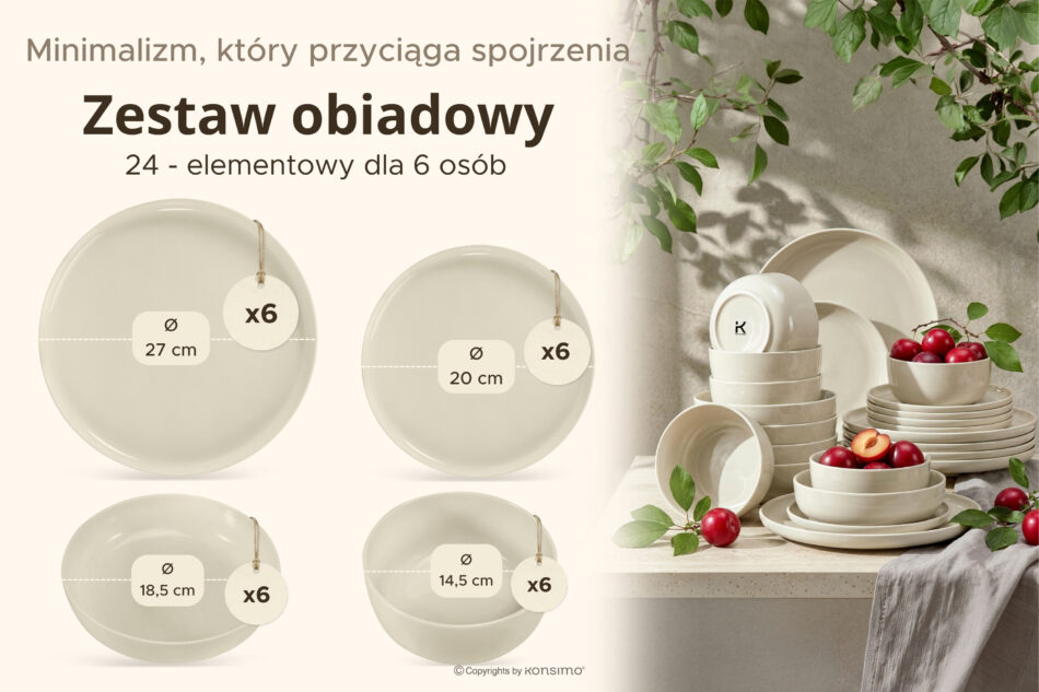 VICTO Zestaw obiadowy beżowy połysk 6os. (24 el.) beżowy połysk - zdjęcie 10