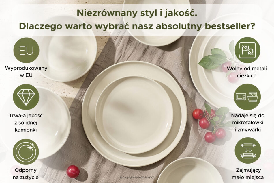 VICTO Zestaw obiadowy beżowy połysk 6os. (12 el.) beżowy połysk - zdjęcie 7