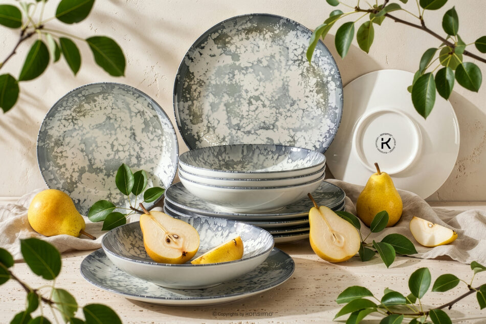 FINGO Zestaw obiadowy z porcelany zieleń boho 6os. (12 el.) wielokolorowy - zdjęcie 1