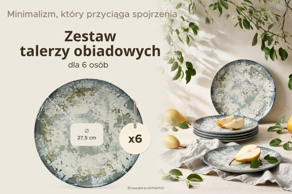 FINGO Talerz obiadowy z porcelany zieleń boho 6 szt. wielokolorowy - zdjęcie 6