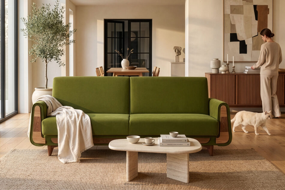 GUSTAVO Oliwkowa sofa rozkładana welur oliwkowy - zdjęcie 8