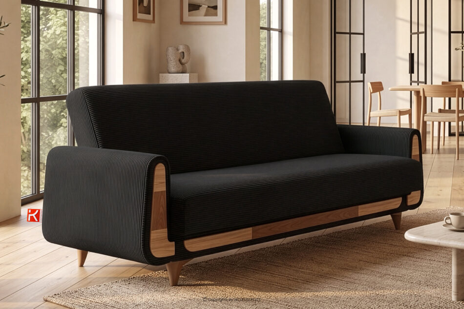 GUSTAVO II Sofa trzyosobowa rozkładana w tkaninie sztruks czarny czarny - zdjęcie 1