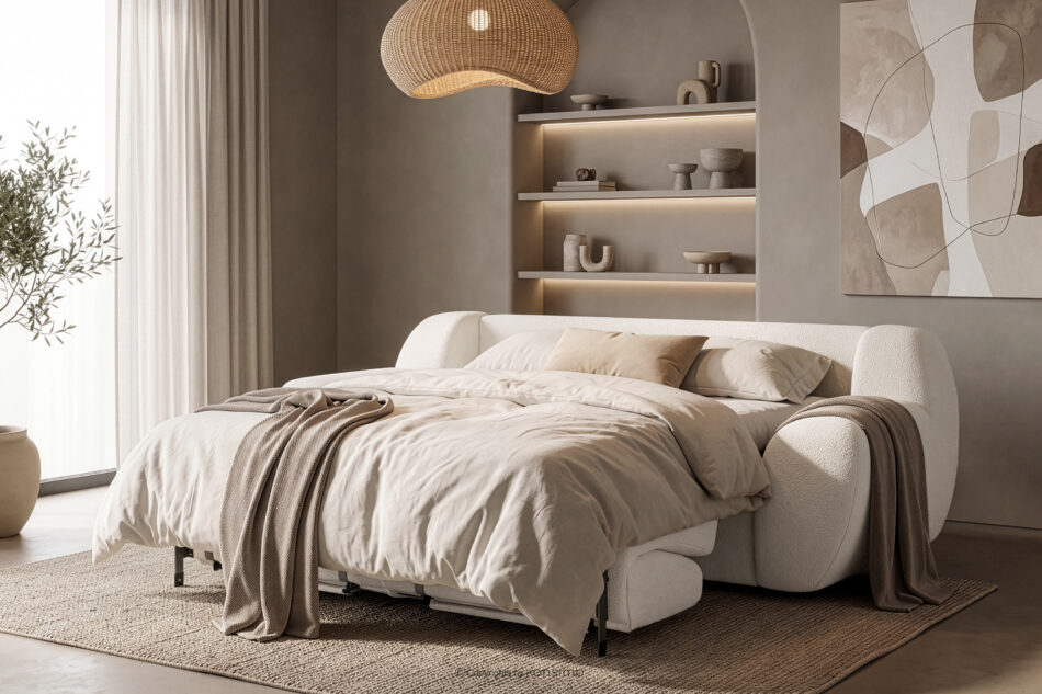 BALU Sofa trzyosobowa z funkcją spania na stelażu włoskim w stylu japandi biały biały - zdjęcie 20
