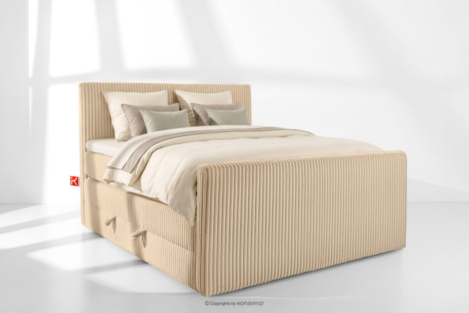 STRIX PRO+ Łóżko kontynentalne dwuosobowe średniotwarde 140 cm podwójny materac + topper Visco tkanina sztruks piaskowy piaskowy - zdjęcie 1