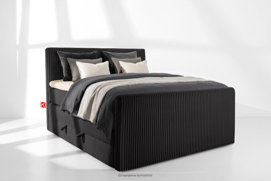 STRIX PRO+ Łóżko kontynentalne dwuosobowe twarde 140 cm podwójny materac + topper HR tkanina sztruks czarny czarny - zdjęcie 1