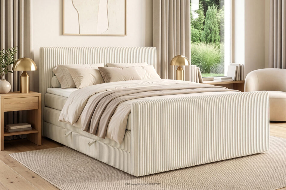 STRIX PRO+ Łóżko kontynentalne dwuosobowe średniotwarde 160 cm podwójny materac + topper HR tkanina sztruks biały/ecru biały/ecru - zdjęcie 16