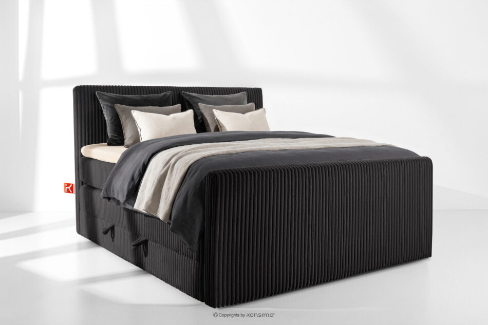 STRIX PRO+ Łóżko kontynentalne dwuosobowe twarde 160 cm podwójny materac + topper HR tkanina sztruks czarny czarny - zdjęcie 1