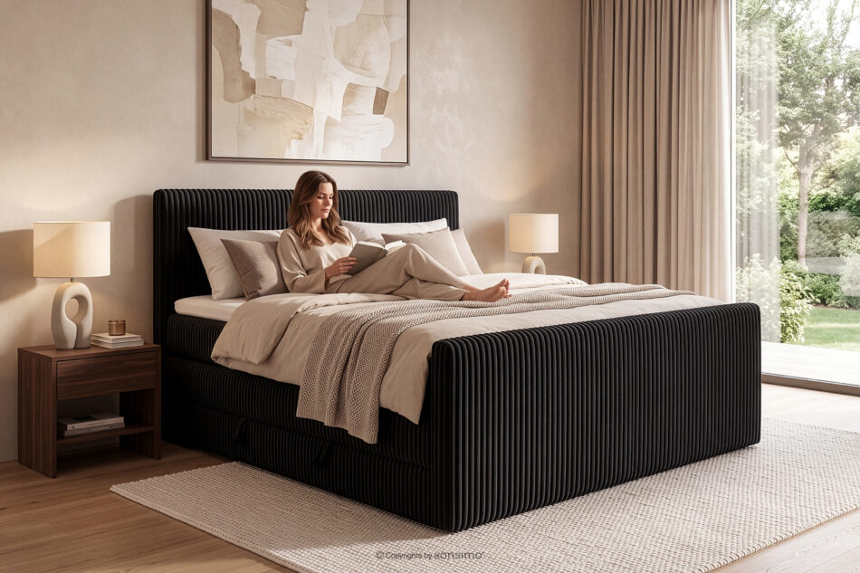 STRIX PRO+ Łóżko kontynentalne dwuosobowe twarde 160 cm podwójny materac + topper Visco tkanina sztruks czarny czarny - zdjęcie 17