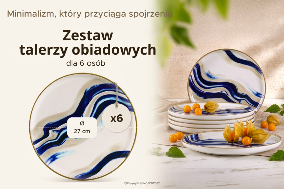 DALLI Talerz obiadowy fale w stylu skandynawskim niebieski/beżowy/oliwkowy 6 szt. niebieski/beżowy/oliwkowy - zdjęcie 7