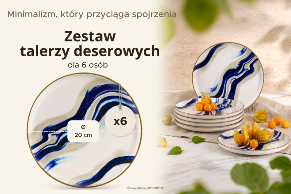 DALLI Talerz deserowy fale w stylu skandynawskim 6 szt. niebieski/beżowy/oliwkowy niebieski/beżowy/oliwkowy - zdjęcie 7