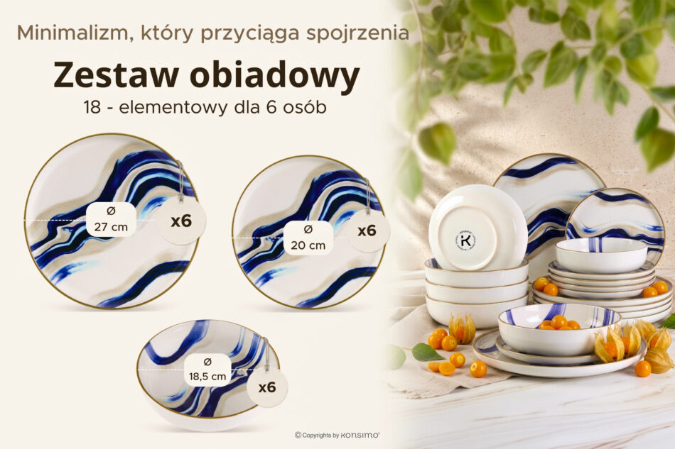 DALLI Zestaw obiadowy fale w stylu skandynawskim 6 os. (18 el.) niebieski/beżowy/oliwkowy niebieski/beżowy/oliwkowy - zdjęcie 8