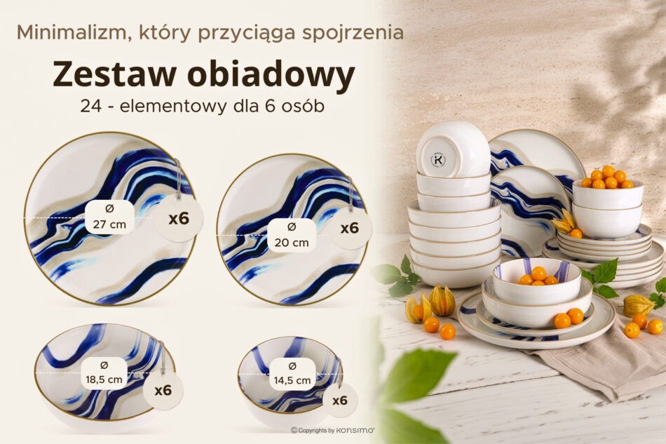 DALLI Zestaw obiadowy fale w stylu skandynawskim 6 os. (24 el.) niebieski/beżowy/oliwkowy niebieski/beżowy/oliwkowy - zdjęcie 10