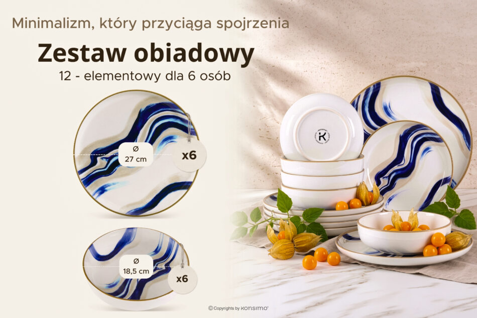 DALLI Zestaw obiadowy w stylu skandynawskim 6 os. (12 el.) niebieski/beżowy/oliwkowy niebieski/beżowy/oliwkowy - zdjęcie 6