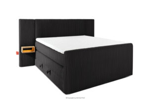 LILIUM PRO, https://konsimo.pl/kolekcja/lilium-pro/ Łóżko kontynentalne z szafkami nocnymi LED średniotwarde 140 cm podwójny materac + topper HR tkanina sztruks czarny czarny - zdjęcie